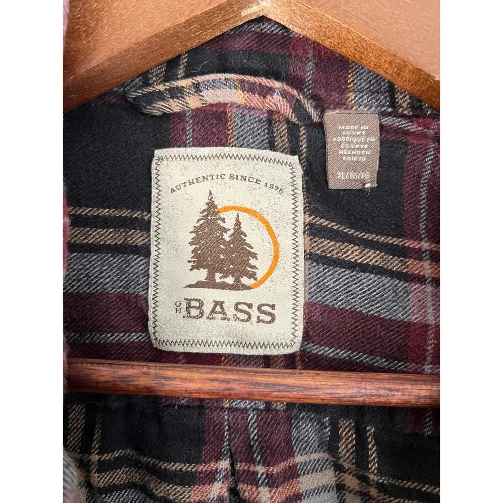 Rugged G.H. Bass Mens XL Burgundy Black Plaid Cotton Flannel Button Down Shirt